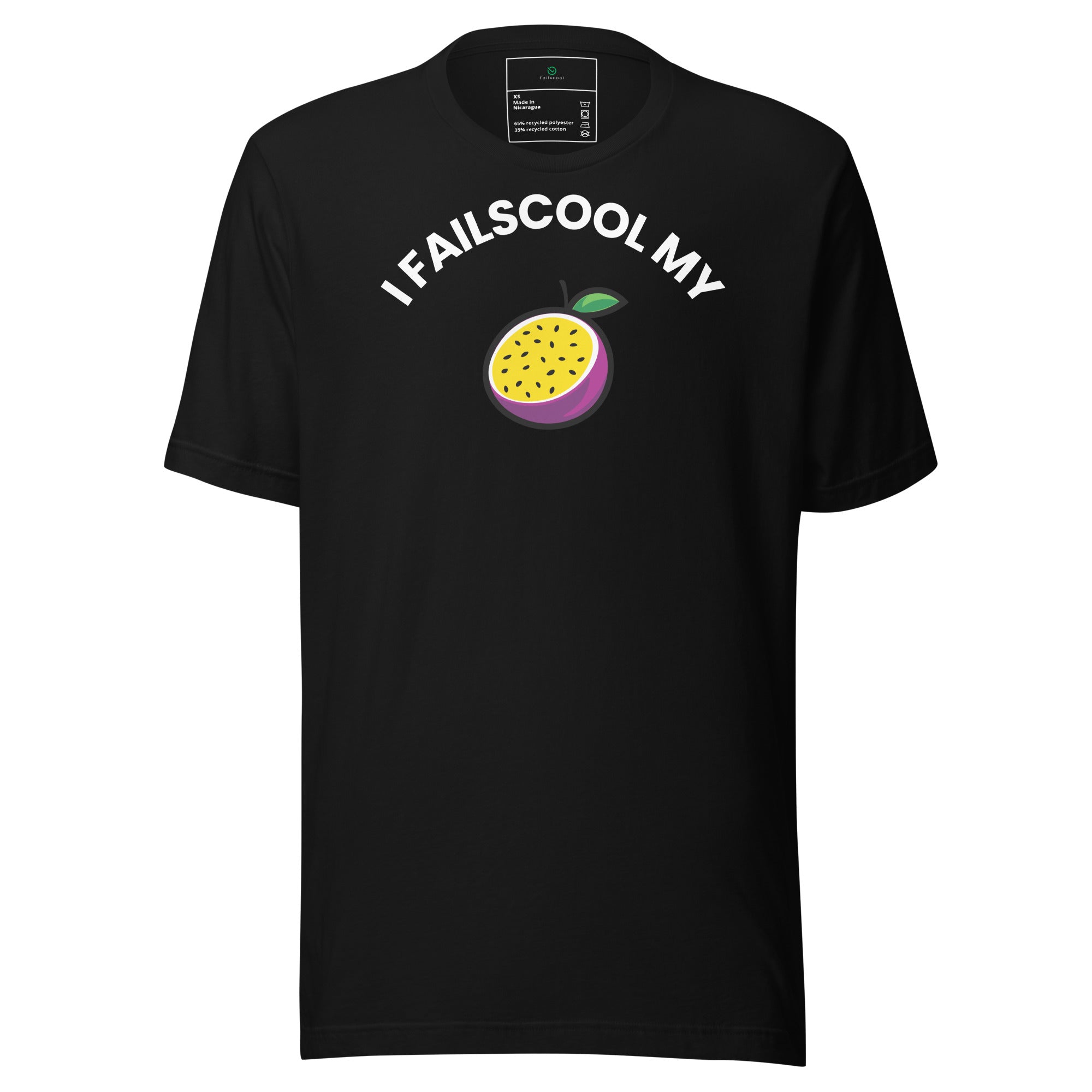 Front view of the black unisex Failscool premium T-shirt with the white text “I FAILSCOOL MY PASSION.” Minimalist eco streetwear representing authenticity and passion turned into growth.