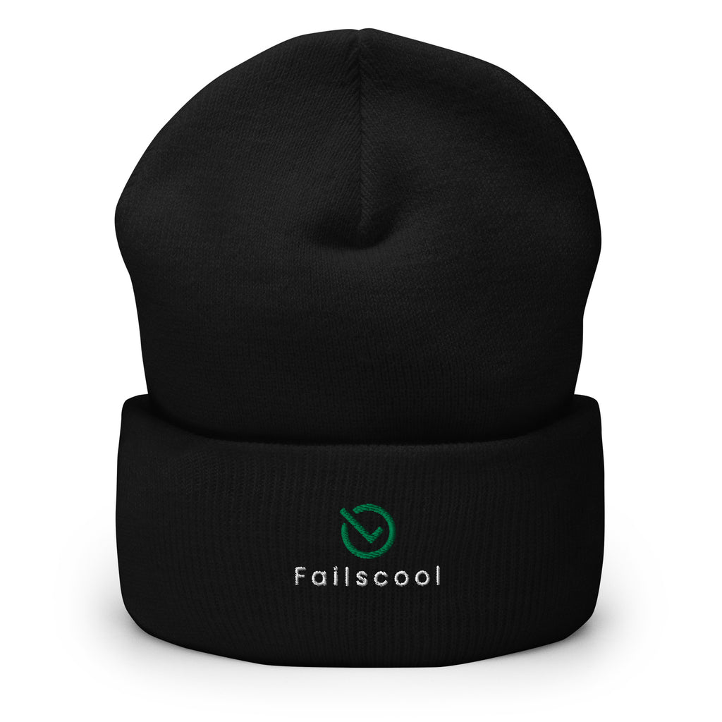 Front view of black Failscool cuffed beanie with white embroidered text “THE ORIGINAL by Failscool.” Minimalist winter hat made for authenticity and comfort.