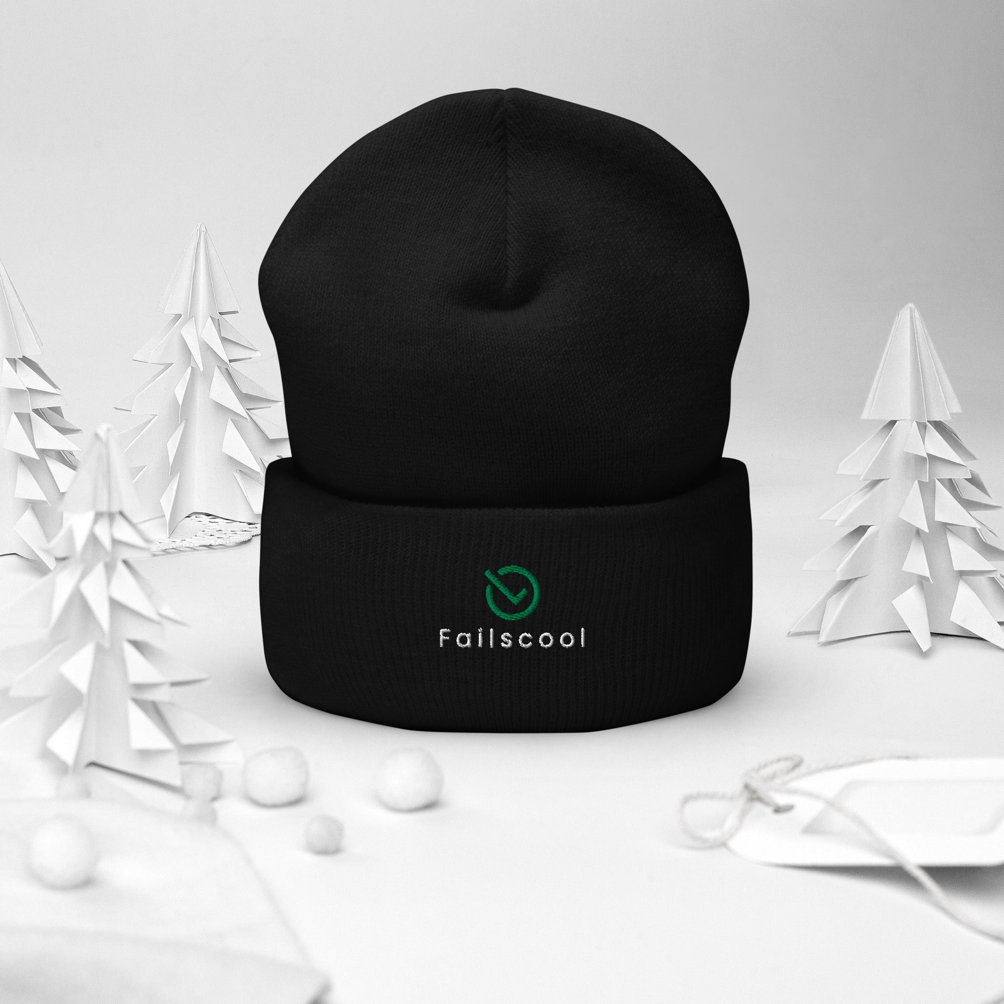 Front view of black Failscool cuffed beanie with white embroidered text “THE ORIGINAL by Failscool.” Minimalist winter hat made for authenticity and comfort.