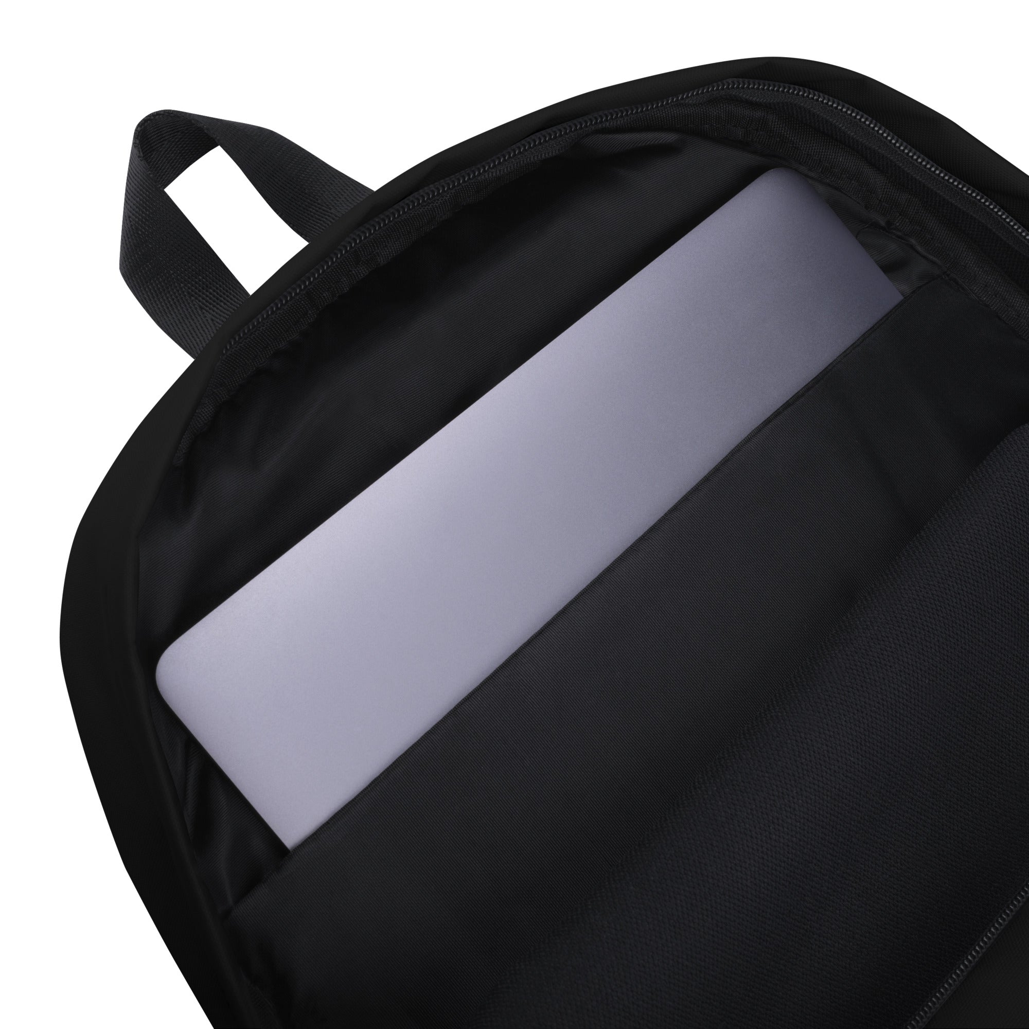 Open Failscool Everyday Laptop Backpack with laptop inside, showing soft lining and organized compartments for headphones, notebooks, and essentials.