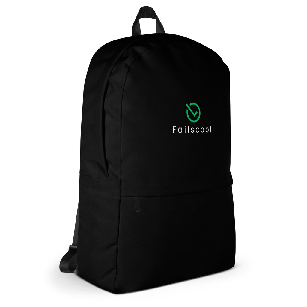 Side view of the sleek black Failscool backpack highlighting its compact silhouette, durable fabric, and water-resistant finish.