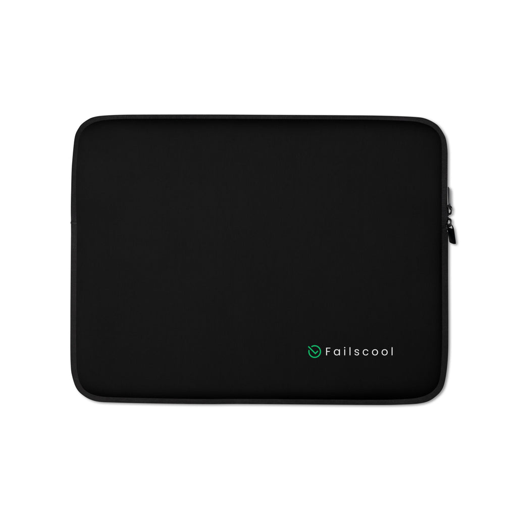 Front view of the 13-inch black Failscool Laptop Sleeve with “THE ORIGINAL by Failscool” print. Lightweight, water-resistant neoprene case with soft lining for protection and style.