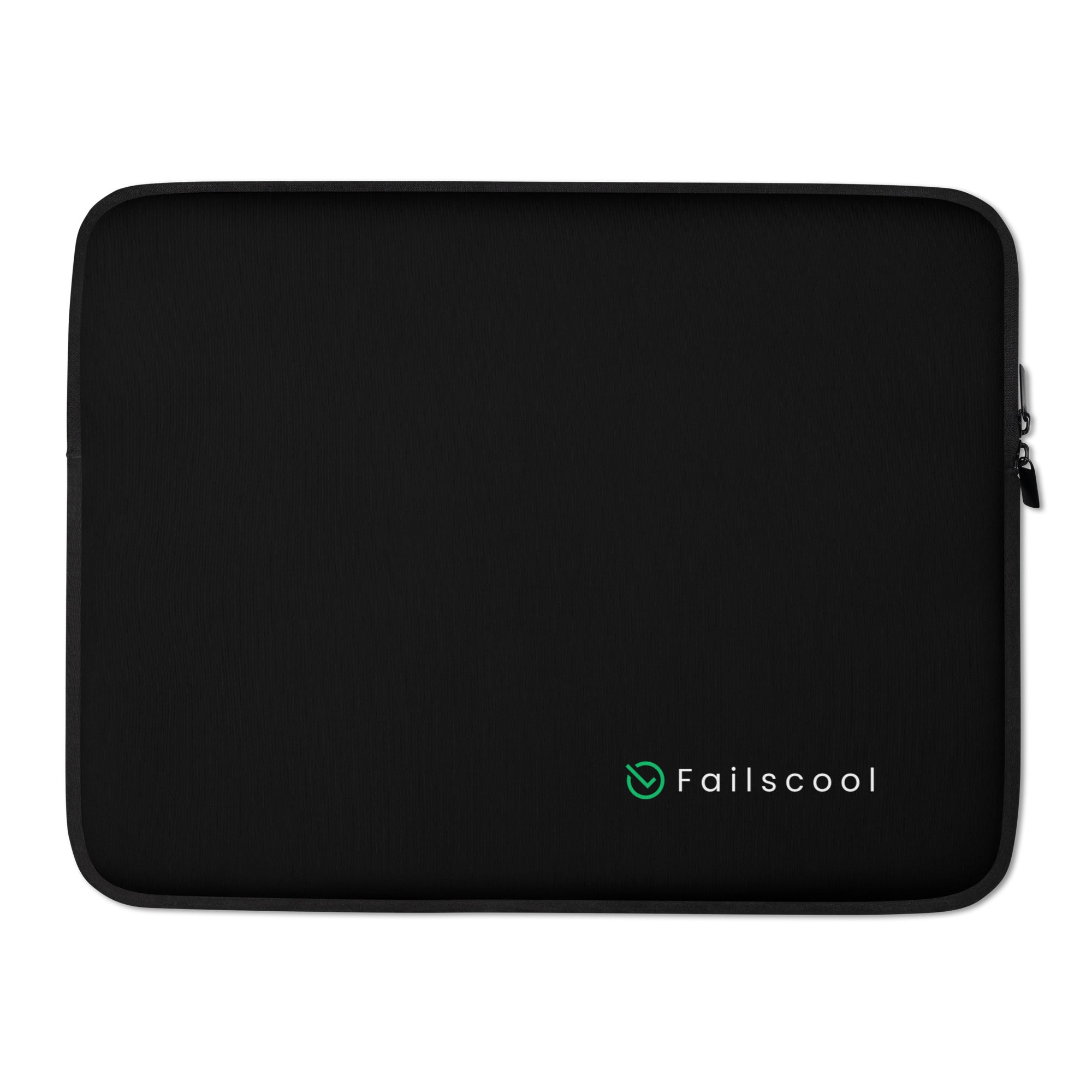 Front view of the 15-inch black Failscool Laptop Sleeve with “THE ORIGINAL by Failscool” print. Minimalist, protective sleeve made of water-resistant neoprene for everyday use.