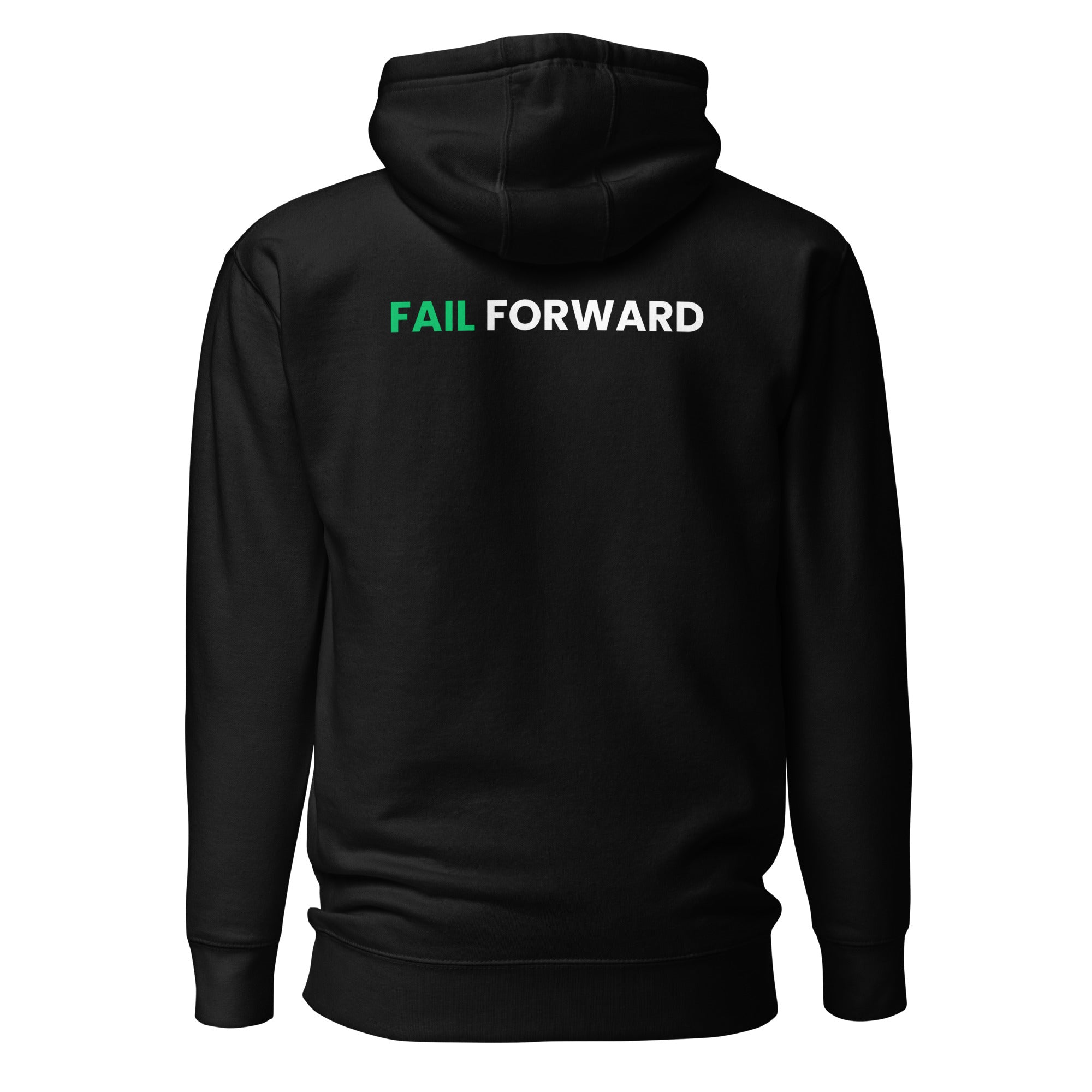 Back view of the black Failscool premium hoodie made from soft, sustainable cotton blend. Represents strength, authenticity, and personal evolution.