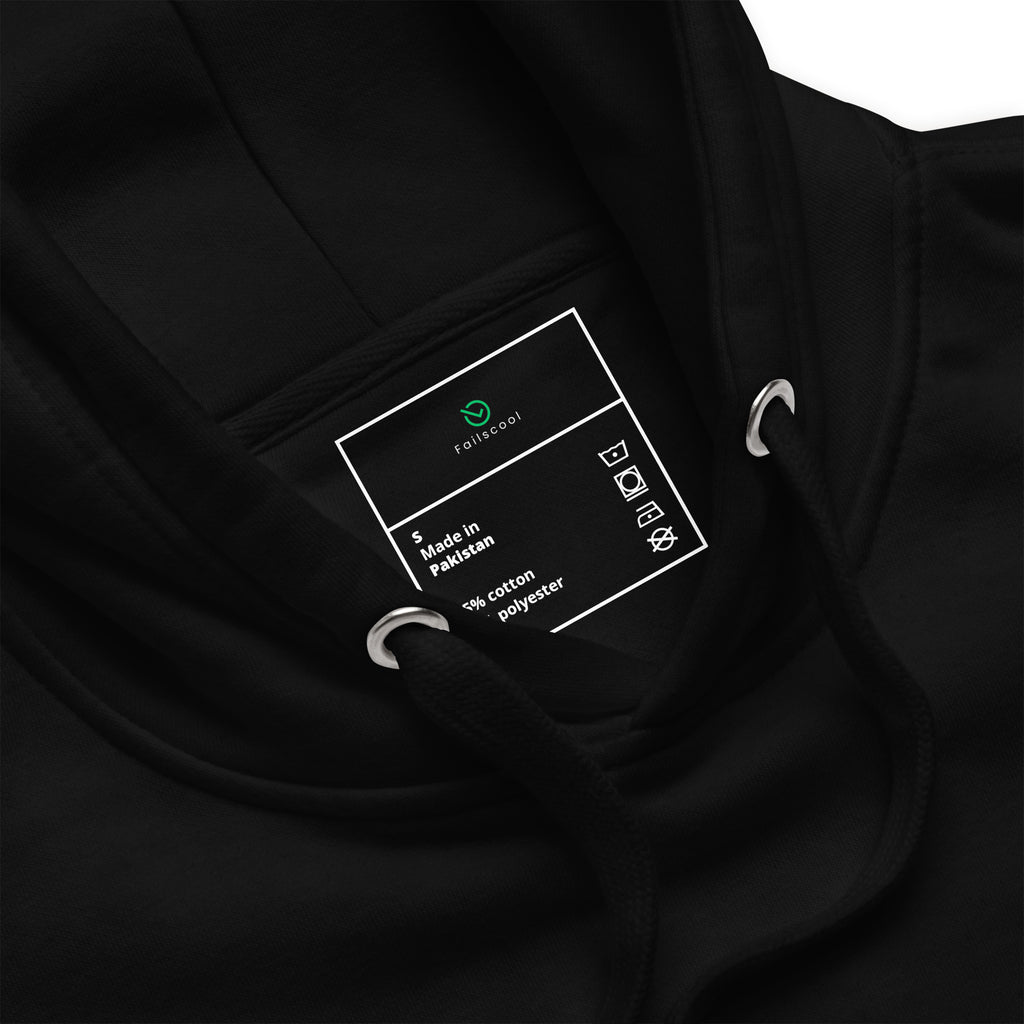 Close-up of the inside label on the Failscool premium hoodie. Shows Failscool branding and ethical production details symbolizing honesty and craftsmanship.