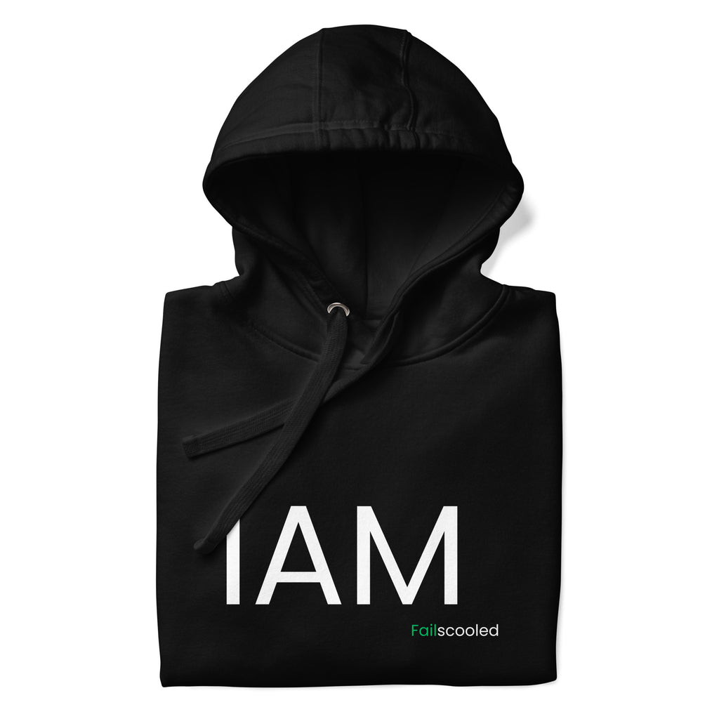 Close-up of the white “I AM FAILSCOOLED” print on the chest. Clean, crisp DTG printing expressing self-acceptance and growth mindset.