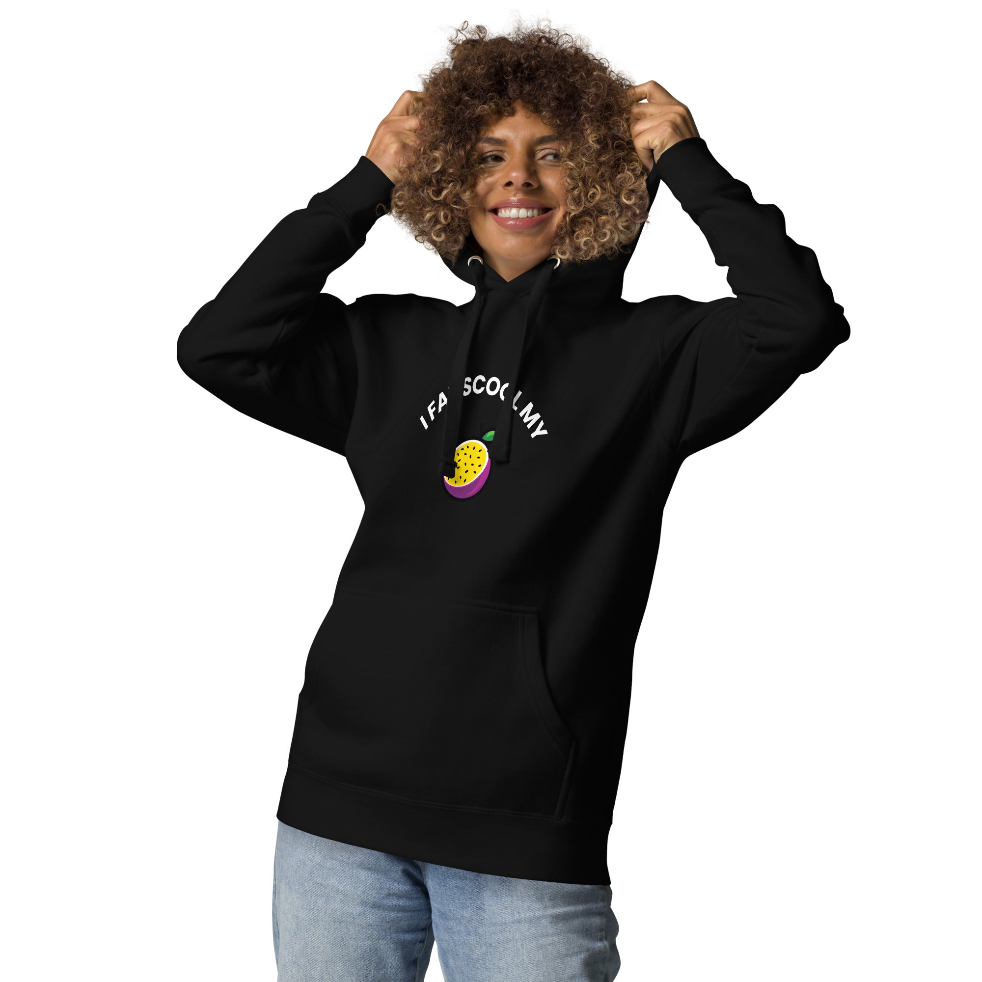 Front view of a female model wearing the black unisex Failscool premium hoodie with the white text “I FAILSCOOL MY PASSION.” Minimalist eco streetwear symbolizing authenticity, courage, and purpose-driven growth.