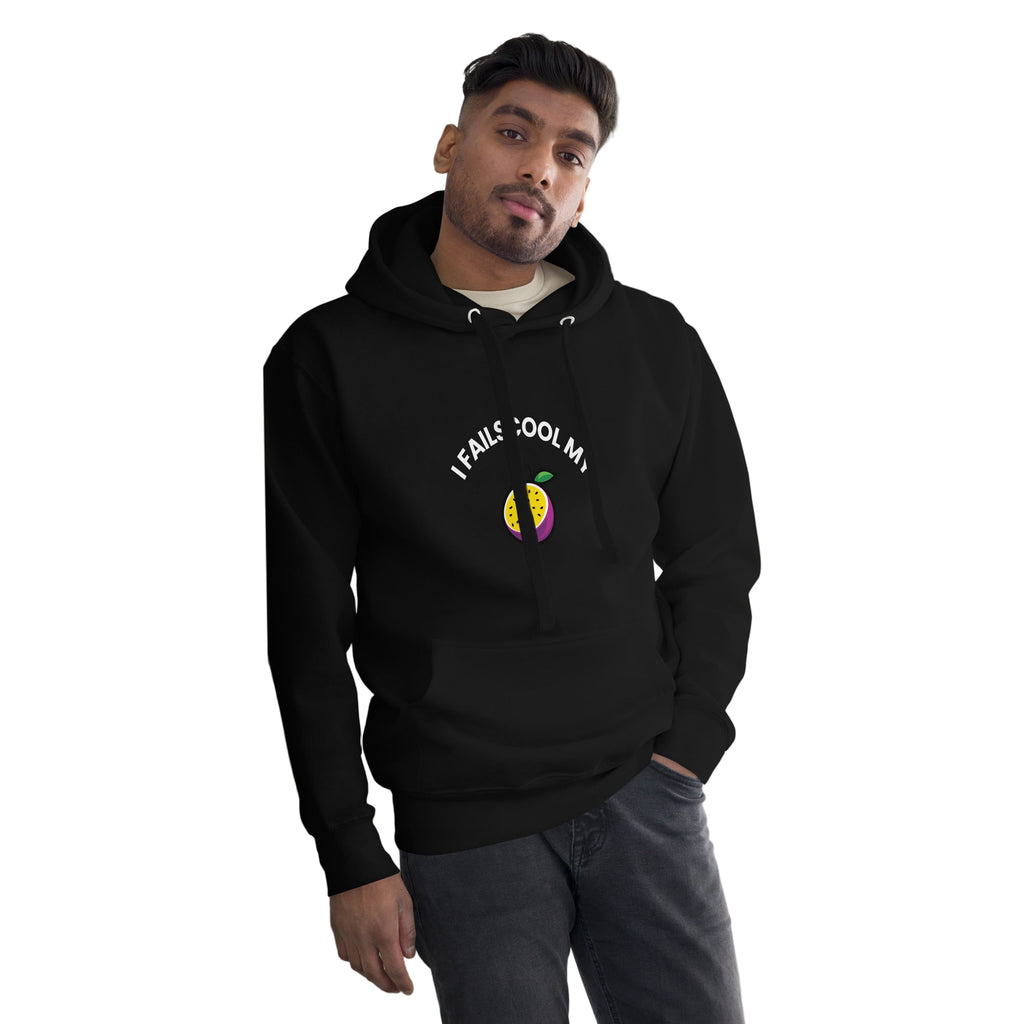 Front view of a male model wearing the black unisex Failscool premium hoodie with the white text “I FAILSCOOL MY PASSION.” Minimalist eco streetwear expressing confidence, authenticity, and the courage to grow through failure.