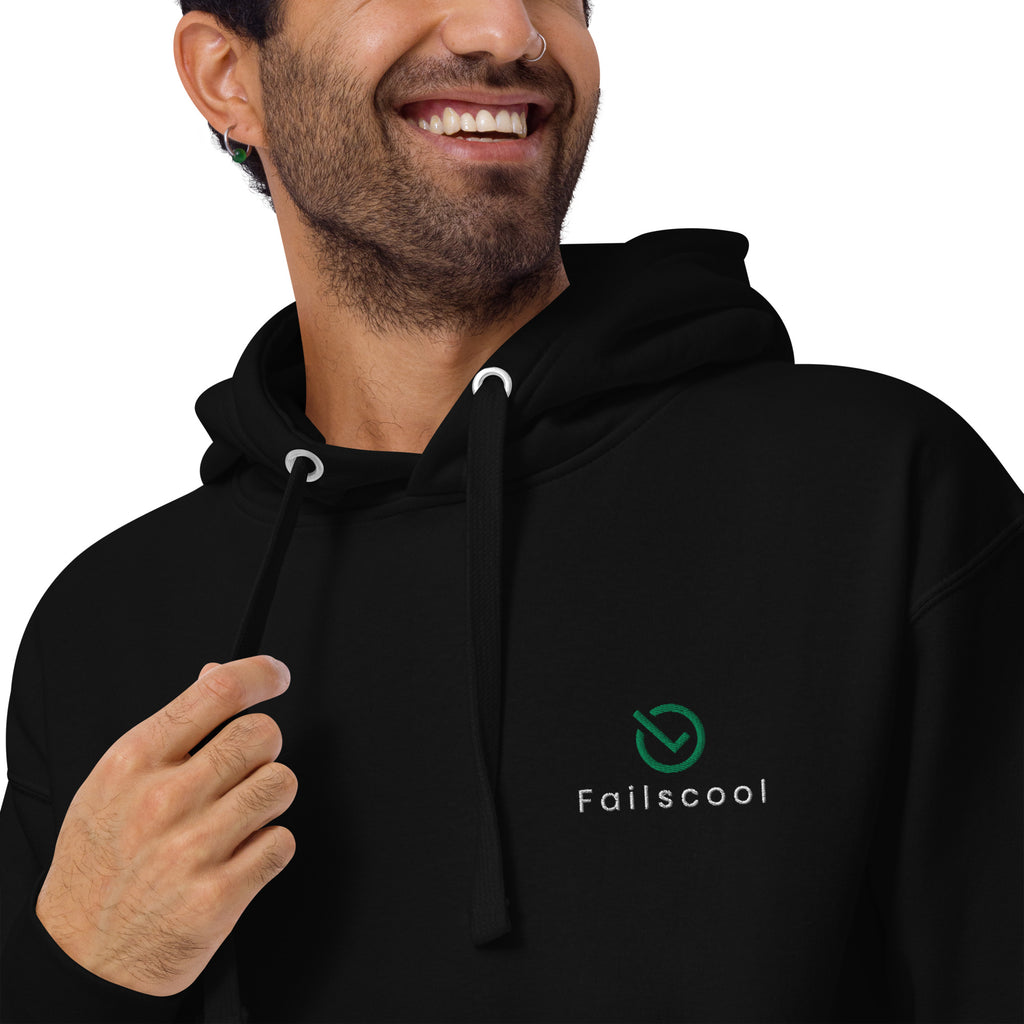 Male model wearing a black Failscool premium hoodie with white “THE ORIGINAL” chest print. A symbol of confidence, simplicity, and inner strength.