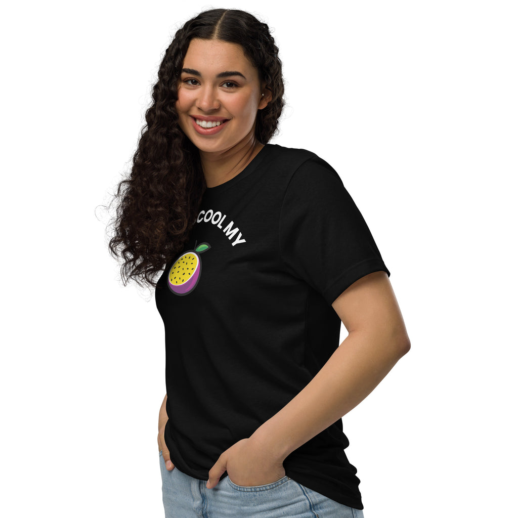 Front view of a female model wearing the black unisex Failscool premium T-shirt with the white text “I FAILSCOOL MY PASSION.” Minimalist eco streetwear celebrating confidence, authenticity, and self-expression through growth.
