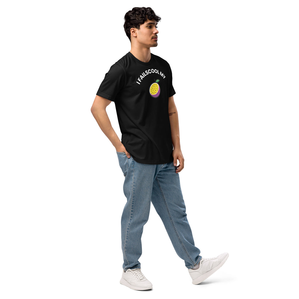Front view of a male model wearing the black unisex Failscool premium T-shirt with the white text “I FAILSCOOL MY PASSION.” Modern minimalist streetwear expressing authenticity, purpose, and the courage to learn through failure.