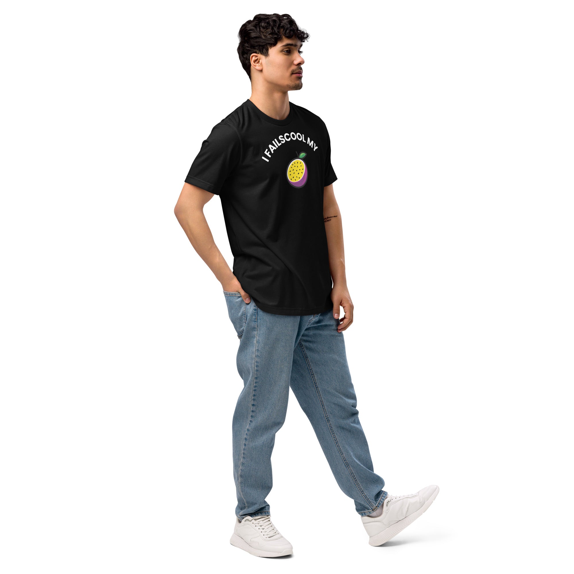 Front view of a male model wearing the black unisex Failscool premium T-shirt with the white text “I FAILSCOOL MY PASSION.” Modern minimalist streetwear expressing authenticity, purpose, and the courage to learn through failure.