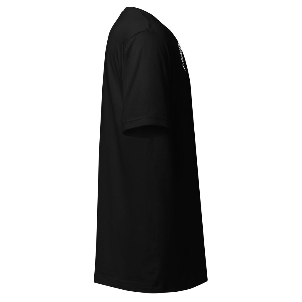 Side view of a female model wearing the black Failscool premium T-shirt with the white text “I FAILSCOOL MY PASSION.” Modern minimalist streetwear highlighting confident feminine style and authenticity.