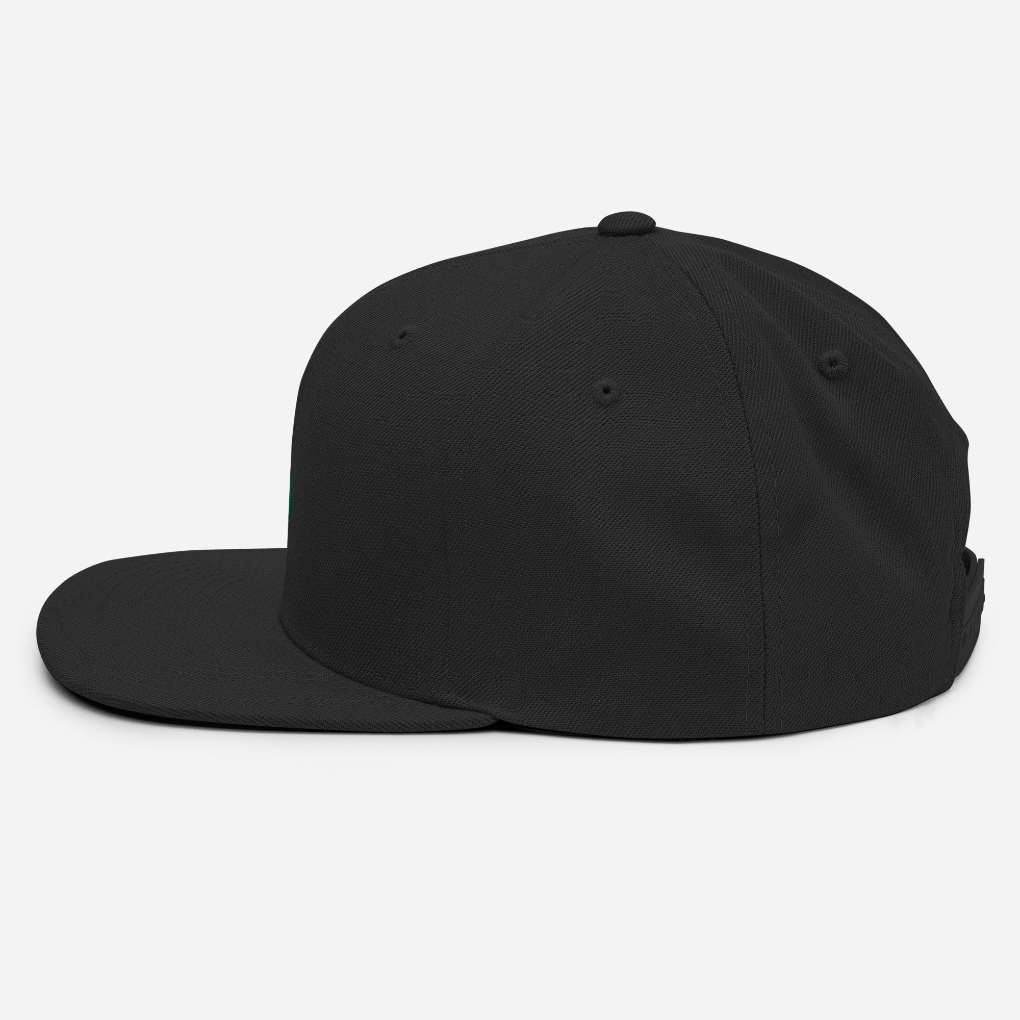 Left side view of the black Failscool snapback cap. Clean lines, structured fit, and detailed embroidery — made for everyday style with purpose.