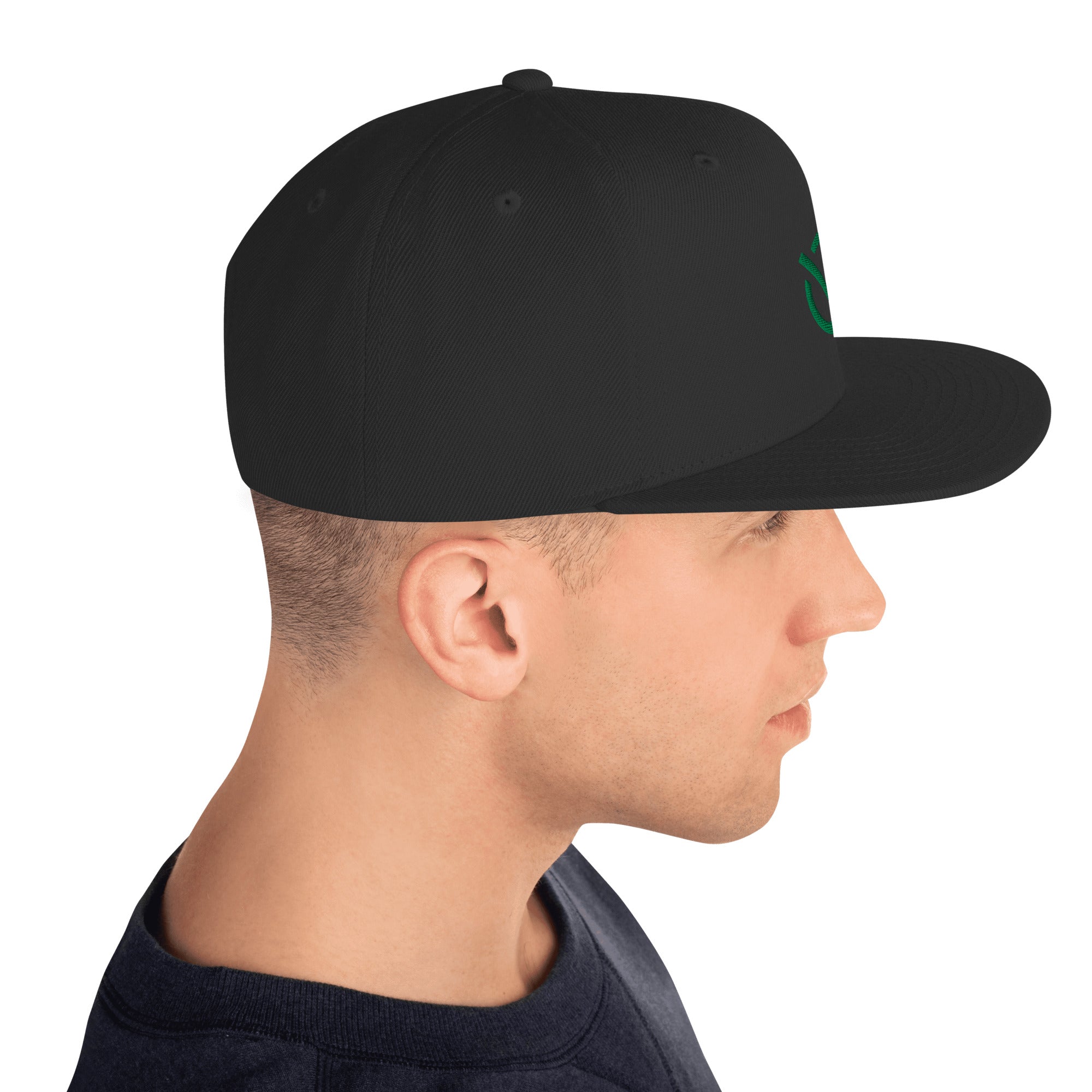 Male model in the black Failscool snapback hat viewed from the right side. Minimal streetwear detail highlighting individuality and precision.