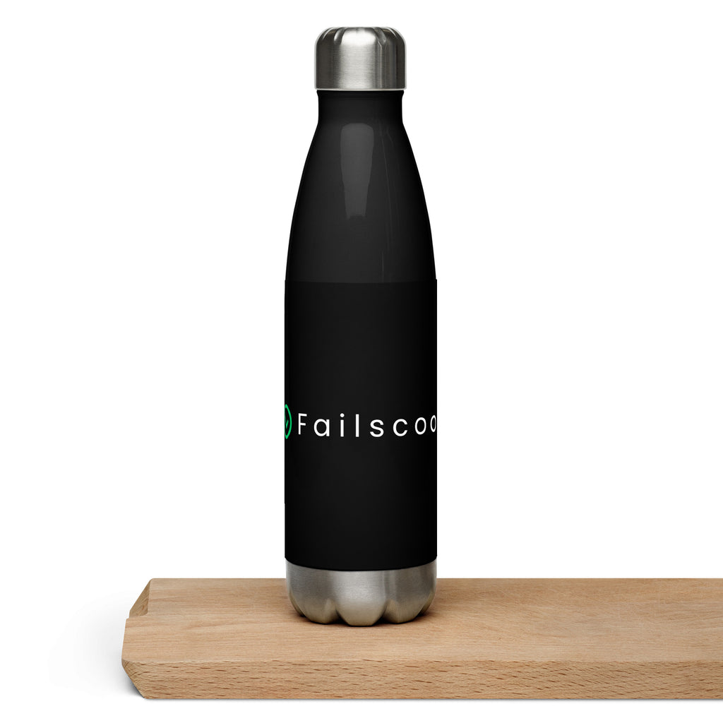 Failscool stainless steel water bottle placed on a wooden board. Minimalist black design with white “THE ORIGINAL by Failscool” print — durable, elegant, and eco-friendly.