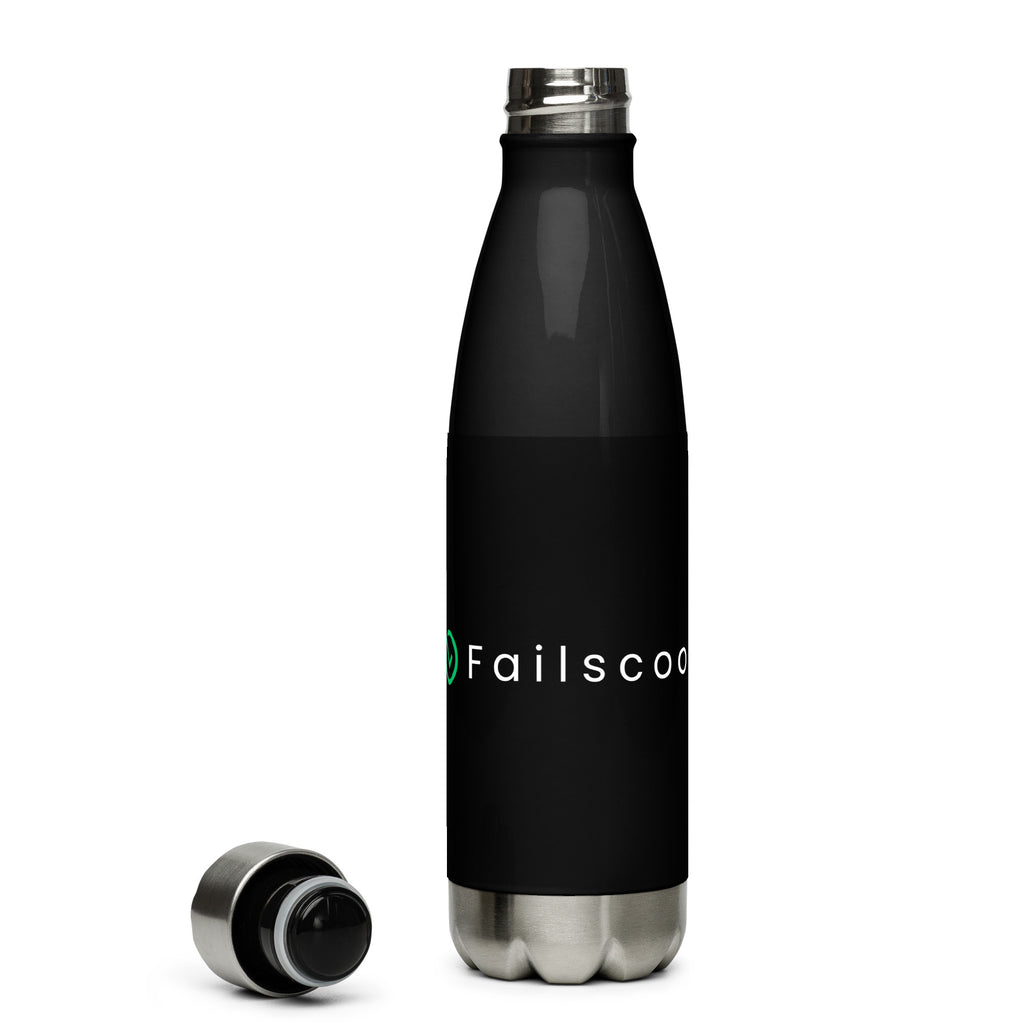 Failscool stainless steel water bottle with cap unscrewed. Double-wall insulation and precision design for keeping drinks hot or cold longer.