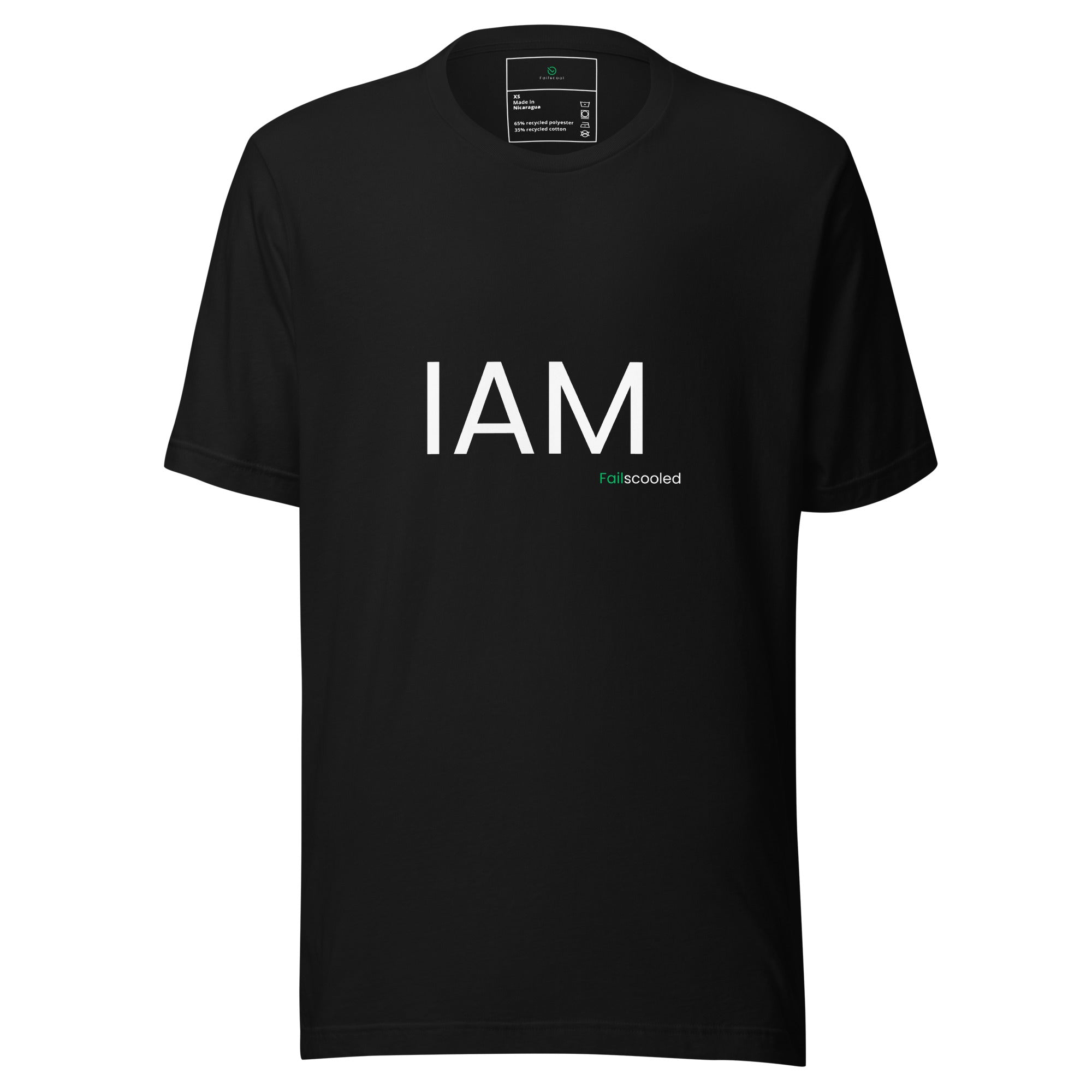 Front view of black unisex Failscool t-shirt with the white text “I AM FAILSCOOLED.” Minimalist and empowering eco streetwear made from organic cotton.