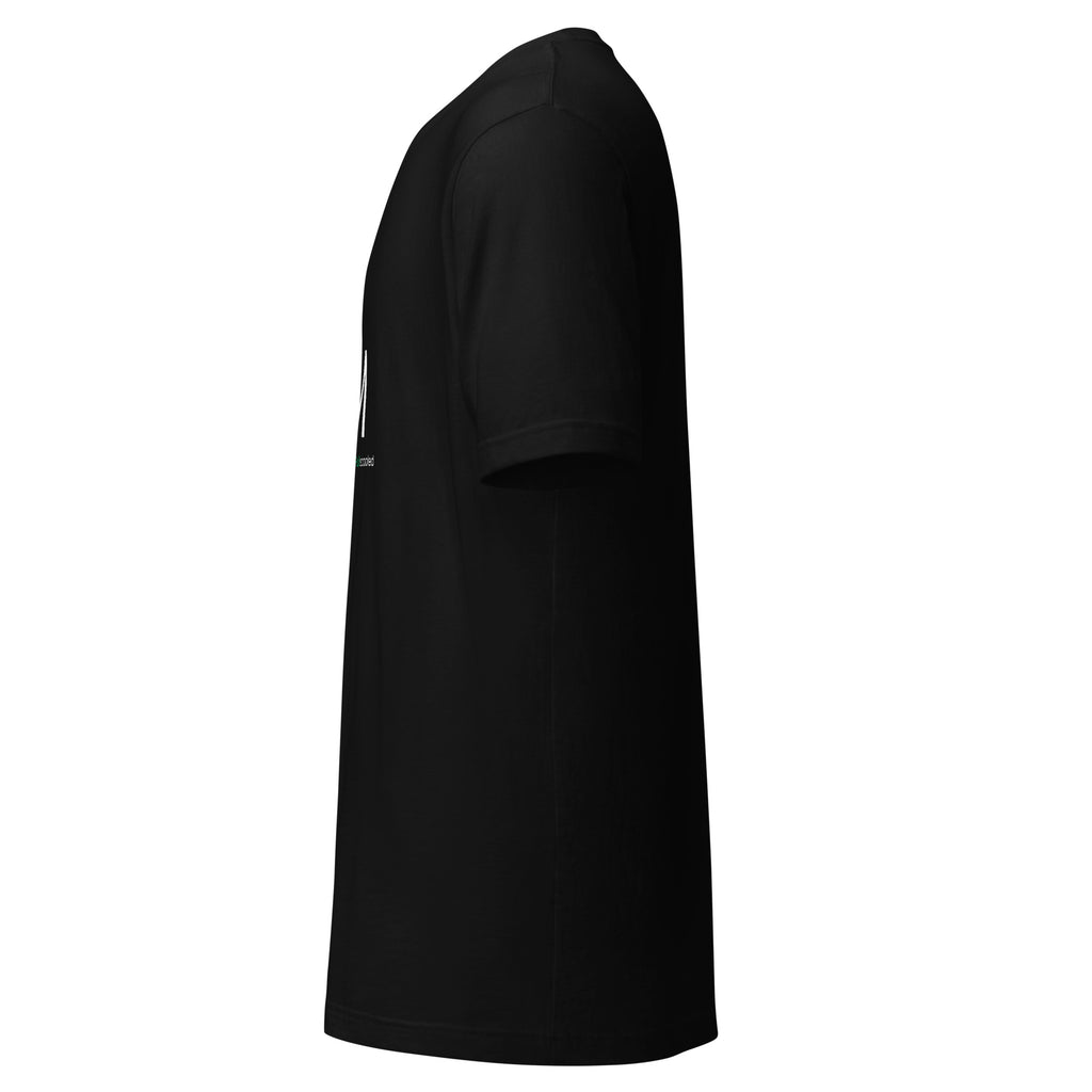 Side view of black unisex Failscool t-shirt with the visible chest print “I AM FAILSCOOLED.” Sustainable comfort meets confidence.