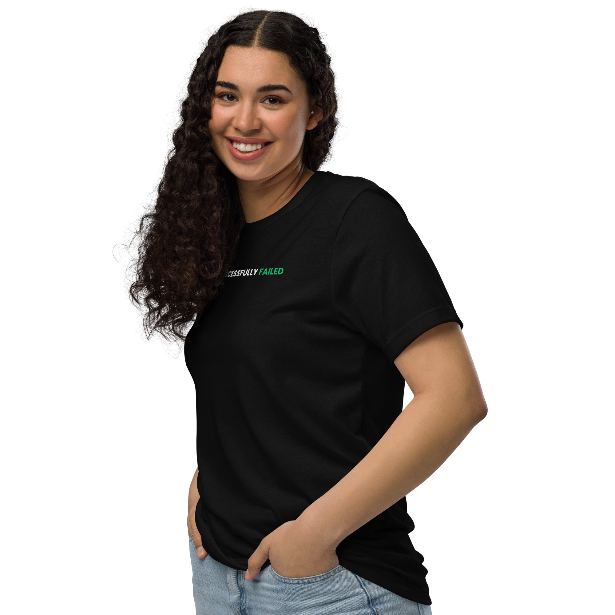 Female model in black Failscool t-shirt with the quote “I HAVE SUCCESSFULLY FAILED.” Clean design, timeless minimalist aesthetic.