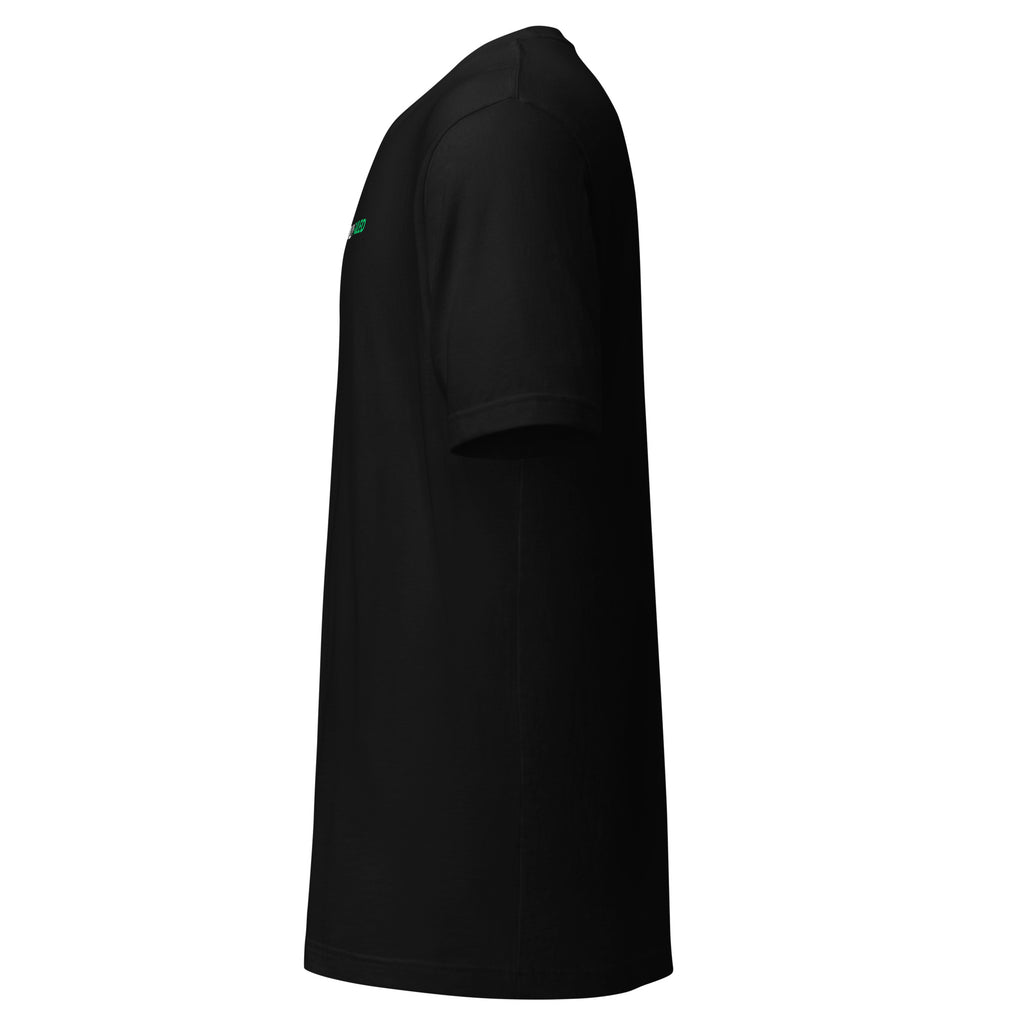 Side view of the black Failscool I HAVE SUCCESSFULLY FAILED t-shirt showing its soft fit and lightweight eco fabric. White front print slightly visible.